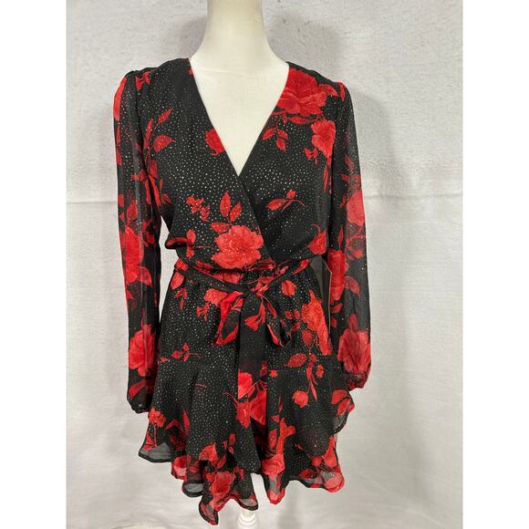 City Triangles Black with Red Flowers Long Sleeve Mini Dress in Size 0. NWT - Picture 1 of 6